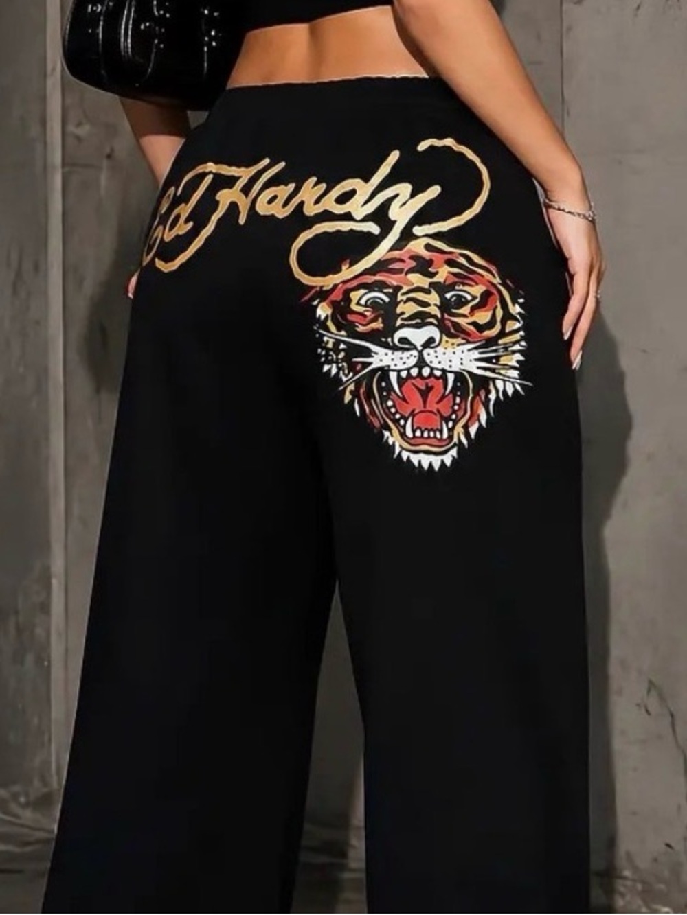 Ed Hardy Black Track Pants with Gold Script and Multi-Color Tiger